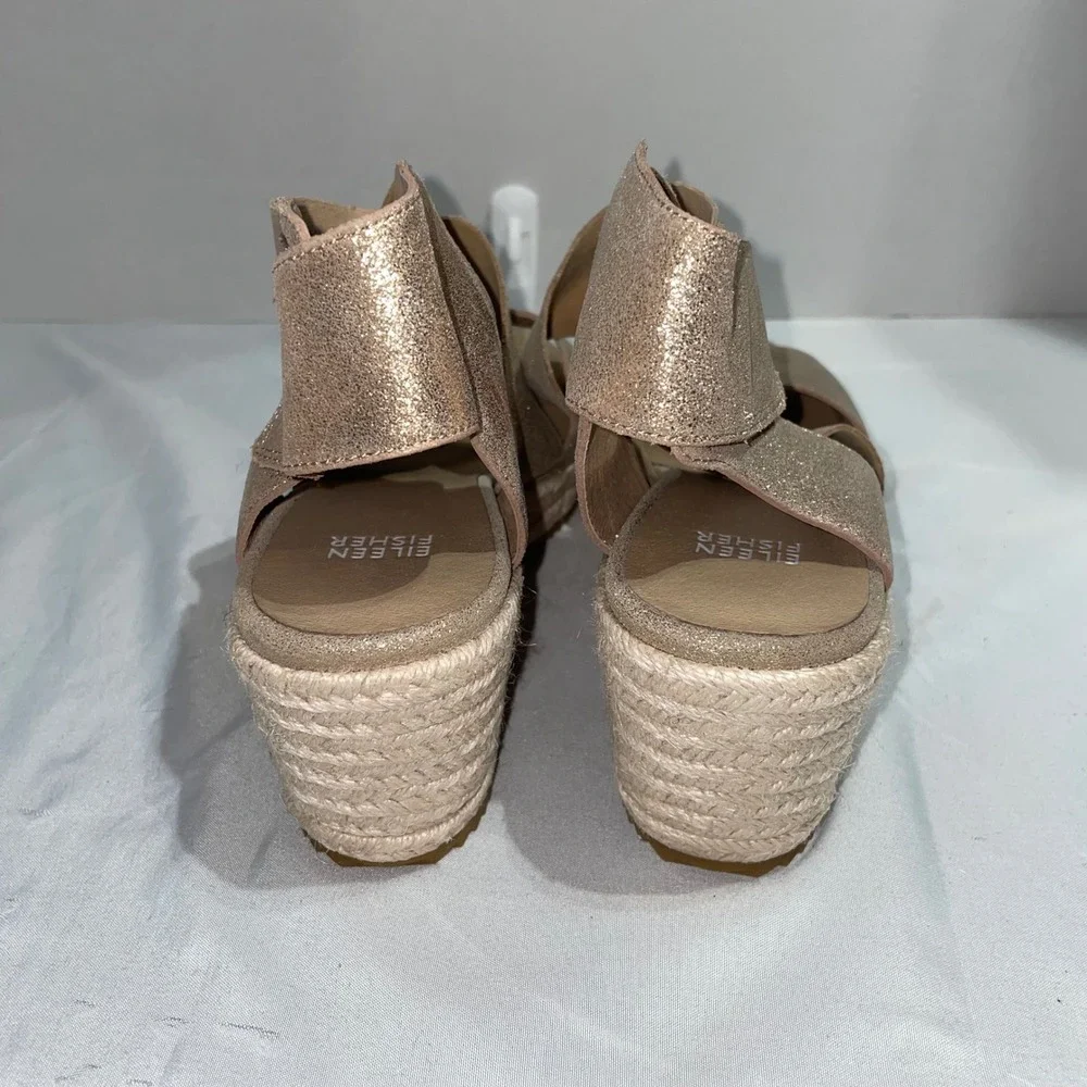 Eileen Fisher‎ Gold Metallic Suede Espadrille Wedge Sandals Womens Strappy Shoes